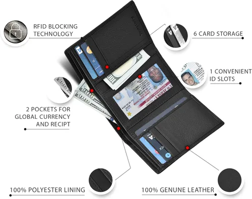 Miniatura 6 de Carteras de cuero de plegado tríptico para hombres, con interferencia de radiofrecuencia (RFID), bolsillo frontal y 9 ranuras para tarjetas