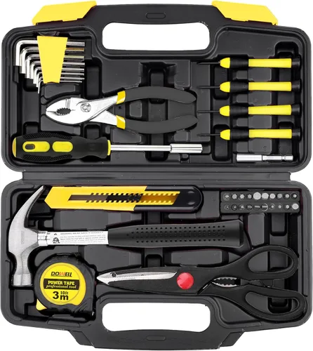 DOWELL Juego de herramientas para el hogar de 40 piezas, color amarillo, kit de herramientas manuales para el hogar con caja de herramientas de