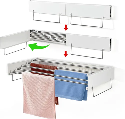 Heshecein - Tendedero plegable para colgar en la pared, 5 varillas de acero inoxidable, estante plegable para ropa y toallas para interiores y