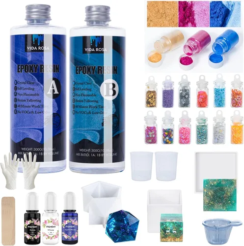 VidaRosa Kit de resina epoxi transparente para principiantes, kits de inicio de 21.16 onzas con moldes, pigmentos, 12 moldes de purpurina,