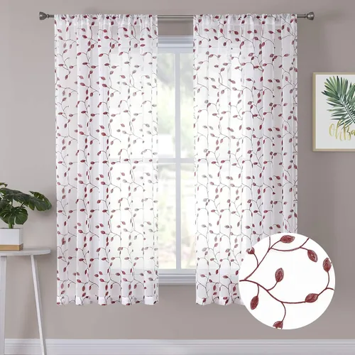 Miniatura 27 de Tollpiz Cortinas Cortas Transparentes de Hojas con Bordado de Hojas Grises, Cortinas de Dormitorio con Bolsillo para Barra, Voile de Lino Sintético
