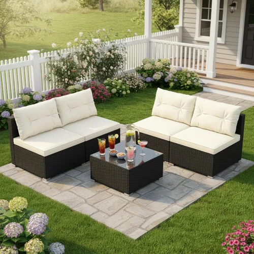 Miniatura 3 de Tangkula - Juego de sofá de ratán de 5 piezas, conjunto de muebles de mimbre para patio de Patiojoy con cojines de asiento y respaldo, mesa