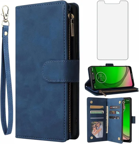 Asuwish Compatible con Moto G7 Play/MotoG7 Optimo XT1952DL/Tmobile Revvlry Funda tipo cartera de vidrio templado protector de pantalla y tarjetero