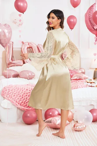 Miniatura 6 de Avidlove Bata tipo kimono de encaje floral para mujer, de manga larga, bata de baño, bata de novia