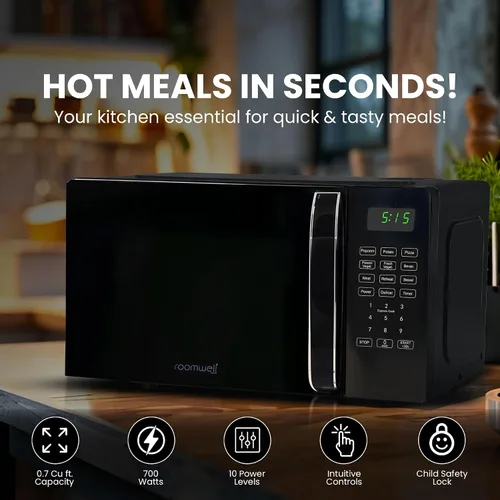 Miniatura 5 de Encimera de microondas pequeña de 0.7 pies cúbicos con pantalla digital, microondas de 700 vatios negro tiene 10 niveles de potencia y función