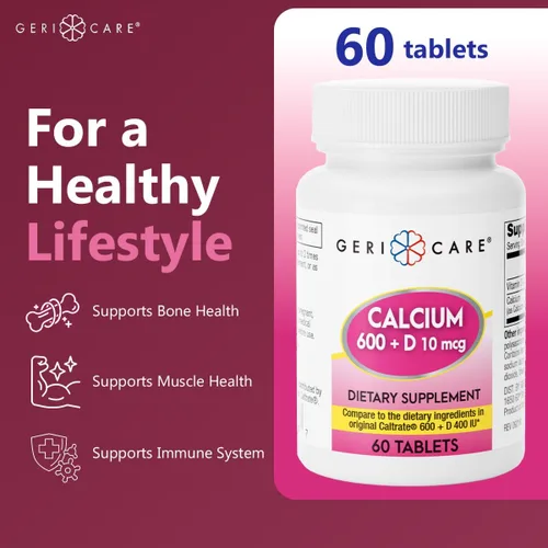 Miniatura 4 de GeriCare Calcio 600mg - Vitamina D 10mcg Tabletas - Salud ósea - Suplemento nutricional, 60 unidades (paquete de 1)