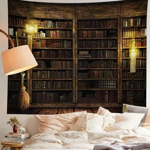 Miniatura 7 de Kanora Estantería vintage para colgar en la pared, tapiz de sala de estudio, estantería retro, biblioteca de arte de pared, tapices bohemios