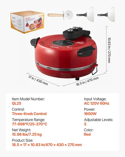 Miniatura 7 de VEVOR Horno de pizza, máquina eléctrica de pizza de 12 pulgadas, cocina eléctrica de pizzas de 1200 W con revestimiento antiadherente, apertura