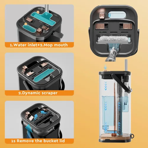 Miniatura 4 de Separa el juego de trapeador y cubo de agua sucia para el hogar con 4 recambios adicionales, trapeador y cubo de acero inoxidable con escurridor