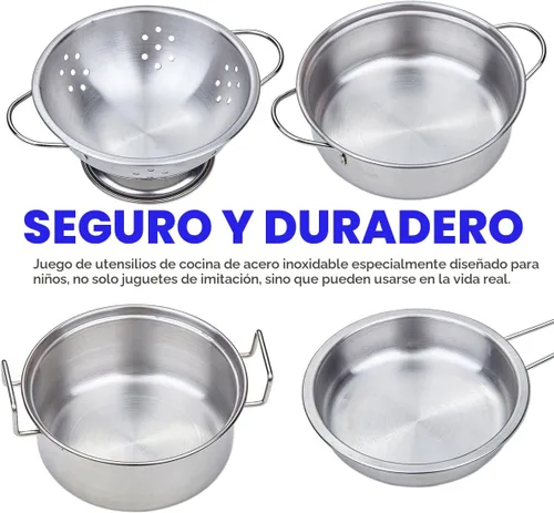 Miniatura 2 de Juego de ollas y sartenes de juguete para niños, juego de cocina de simulación, mini utensilios de cocina de acero inoxidable, juguetes