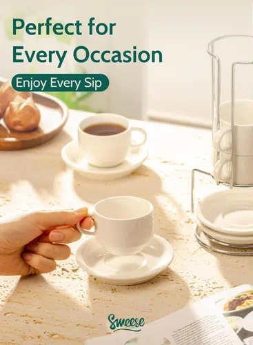 Miniatura 5 de SWEESE - Tazas de porcelana apilables, de 8 onzas, con platillos y soporte de metal, para bebidas especializadas del café, capuchino, latte, Blanco