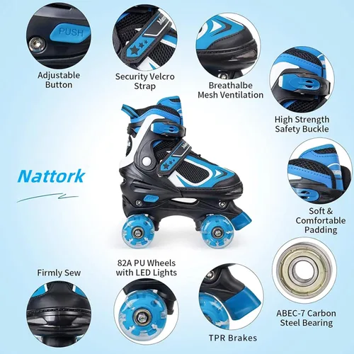 Miniatura 3 de Nattork - Patines de ruedas para niños y niñas, 4 tamaños, patines ajustables con ruedas iluminadas, divertidos patines para niños pequeños, Azul