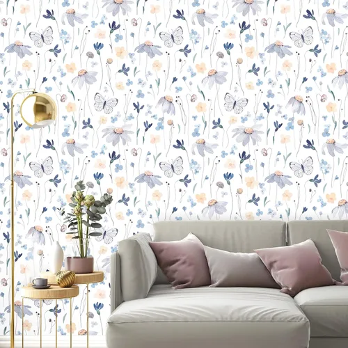 Miniatura 4 de CRE8TIVE Papel tapiz floral de acuarela para despegar y pegar, 24 x 118 pulgadas, diseño de mariposas amarillas/azules, para dormitorio, mural