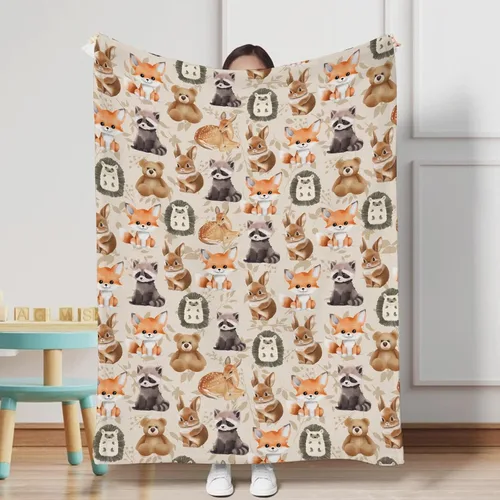 Miniatura 5 de Manta de bebé de animales lindos para niños y niñas, lindo oso, mapache, ciervo, conejo, erizo, manta retro de franela floral, manta de recepción