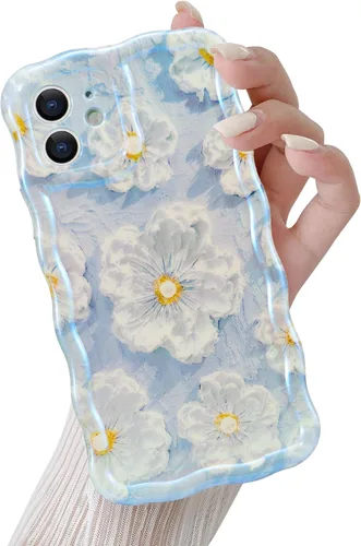 QLTYPRI Funda para iPhone 11, colorido láser retro pintura al óleo patrón de flores lindo borde rizado onda exquisita funda de teléfono para niñas