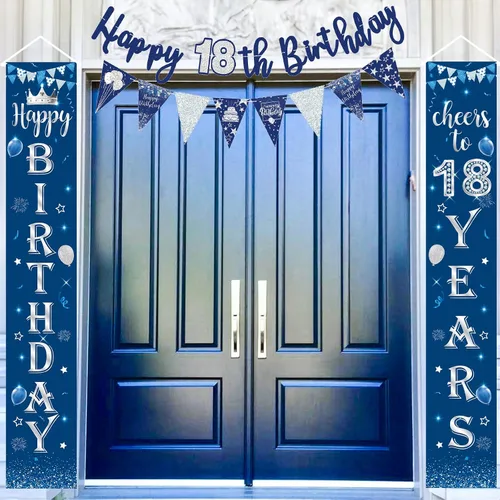 Kit de decoración de feliz cumpleaños número 18, color azul y plateado, pancartas de feliz cumpleaños 18 para puerta de porche, cartel de fondo,