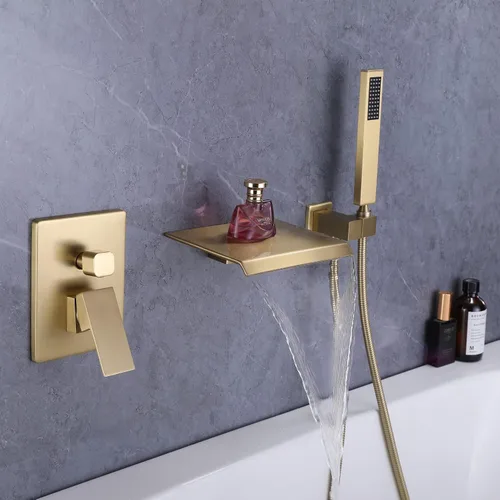 Miniatura 2 de Taplong Grifo de bañera de montaje en pared con boquilla de cascada, juego de grifo de bañera montado en la pared con rociador de mano dorado
