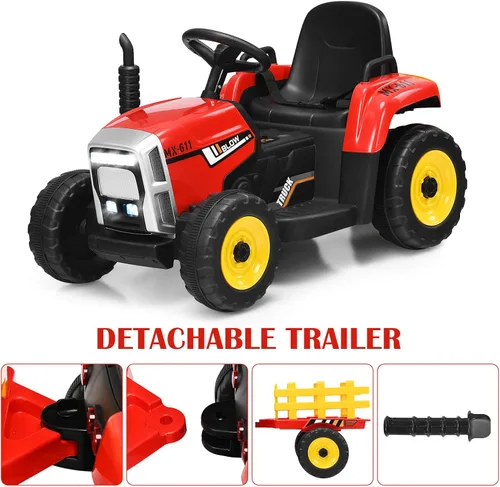 Miniatura 4 de OLAKIDS Tractor de paseo para niños de 12 V, vehículo eléctrico 2 en 1 con control remoto, remolque desmontable, juguete de conducción a batería Rojo