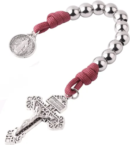 Miniatura 8 de Rosario de bolsillo estilo abierto una década de acero inoxidable rosario católico con crucifijo medalla de San Benito con bolsa de regalo