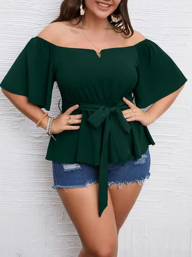 Miniatura 2 de SCOMCHIC Blusa peplum con hombros descubiertos para mujer, talla grande, media manga acampanada, cintura con lazo en la cintura, dobladillo