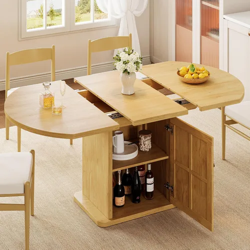 Miniatura 8 de iPormis Mesa de Comedor Redonda Extensible para 4-6, Mesa de Cocina Moderna de 59'', con Estante de Almacenamiento de 2 Niveles, Puerta de Madera