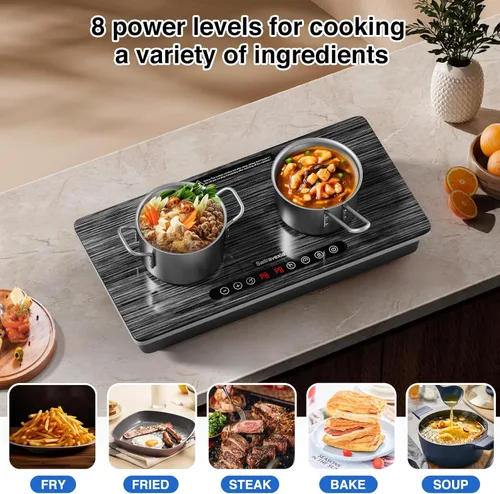 Miniatura 4 de Placa de inducción portátil de 2 quemadores, quemador de inducción doble de 1800 W con control táctil, temporizador y bloqueo de seguridad, estufa