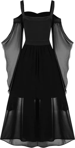 Miniatura 3 de Vestido gótico renacentista para mujer, disfraz de Halloween, hombros descubiertos, encaje, manga trompeta, vestido medieval steampunk 01-negro