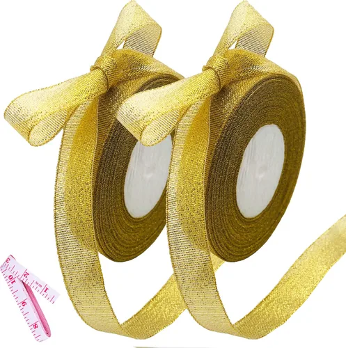 Miniatura 10 de Cinta de 100 yardas con purpurina dorada de 1 pulgada, cinta de tela sólida de ancho brillante para envoltura de regalos, manualidades, decoración