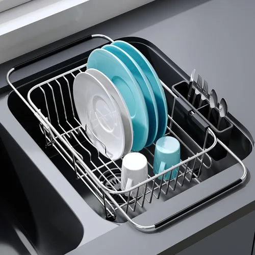 Miniatura 14 de Estante de secado de platos sobre el fregadero, expandible, pequeño, negro, escurridor para secar para la encimera de la cocina, metal de acero