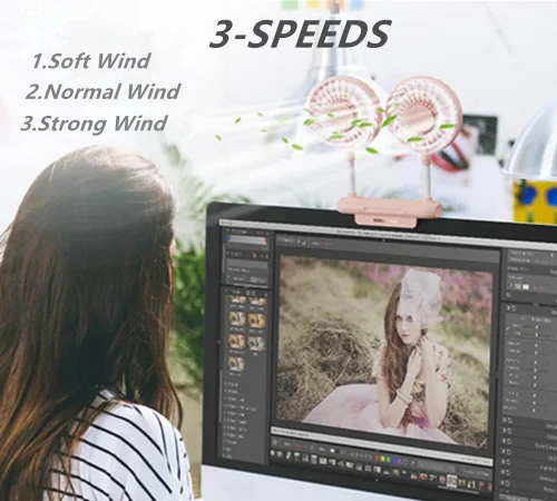 Miniatura 5 de Ventilador de monitor con 2 cabezales giratorios, 3 velocidades, abrazadera resistente, ventilador de refrigeración alimentado por USB para Blanco