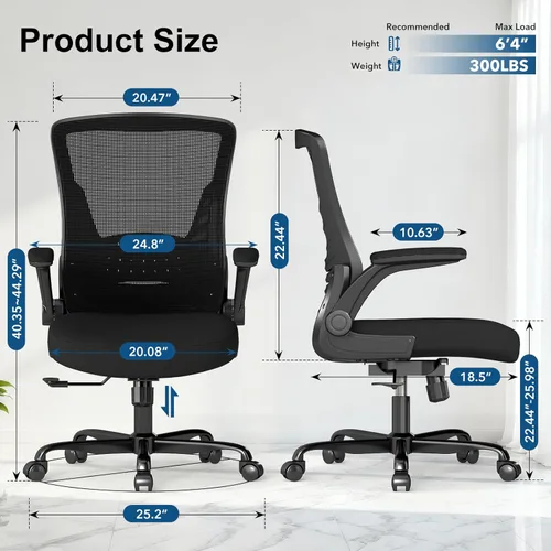 Miniatura 3 de Silla de oficina ergonómica, silla de escritorio de malla con altura ajustable y reposabrazos abatibles, cómoda silla de computadora para largas