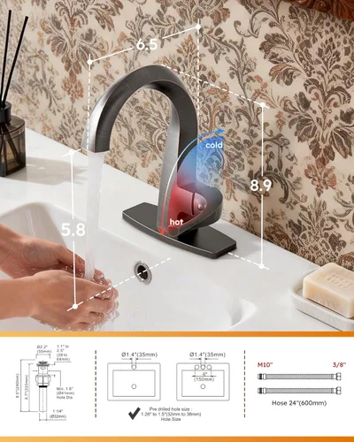 Miniatura 7 de WOWOW Grifo de Baño de Una Sola Manija 1 Agujero Arco Alto Lavabo de Baño Bronce Aceitado Frotado con Desagüe Emergente, Grifo de Lavabo de Baño