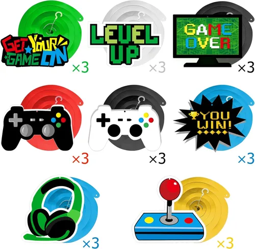 Miniatura 3 de MIAHART 34 piezas de remolinos colgantes para fiestas de videojuegos, serpentinas de techo de aluminio para decoración de fiesta de cumpleaños