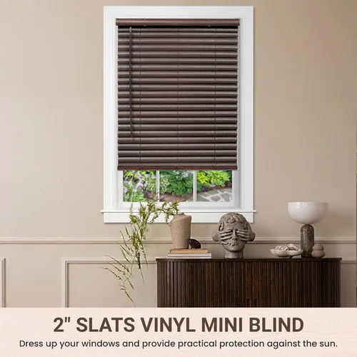 PowerSellerUSA Persianas sin cordón, mini persiana de vinilo de listones de 2 pulgadas, grano de madera en relieve de alta calidad, tratamiento de