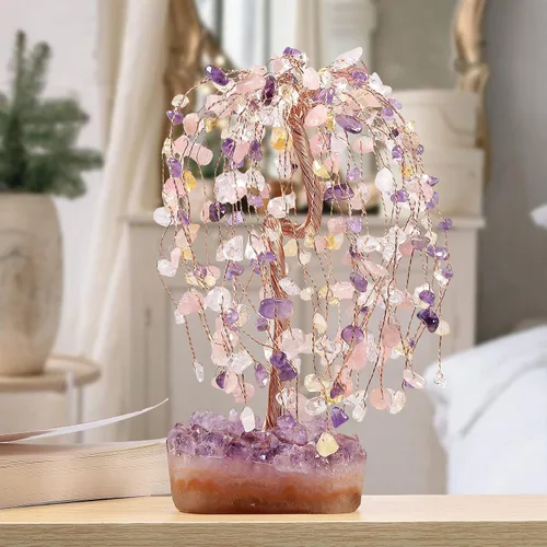 Miniatura 4 de Nupuyai Árbol de la riqueza de piedra de cristal de alambre de cobre con base de racimo de amatista, hecho a mano, bonsái para la buena suerte, Feng