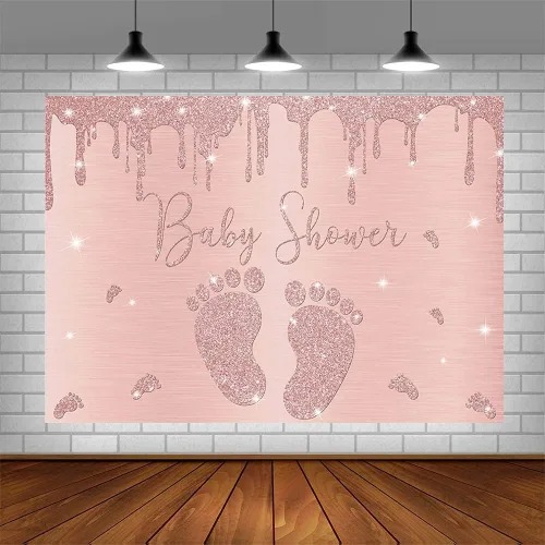 Miniatura 4 de Telón de fondo para baby shower de niña de oro rosa de 7 x 5 pies, con purpurina y pequeña huella, decoración de fiesta de princesa rosa, pancarta