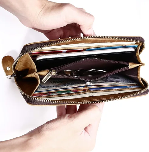 Miniatura 2 de Cartera larga para hombre de piel auténtica con cierre RFID bloqueo Vintage Bifold