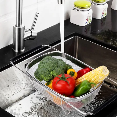 Miniatura 7 de ZDRongZhen Accesorios de Cocina Colador Escurridor Cesta Sobre el Fregadero, Colador de Acero Inoxidable con Agarre de Goma Expandible Escurridor