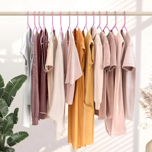 Miniatura 6 de Perchas de plástico para ropa, paquete de 20 unidades, ganchos de plástico color rosa, son la percha perfecta para colgar abrigos y ahorrar espacio