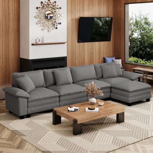 Miniatura 57 de MIXPATIO Sofá modular en forma de L de 123 pulgadas con cojines de nube, juego de sofá modular de asiento profundo con 4 asientos y 1 otomana, Gris
