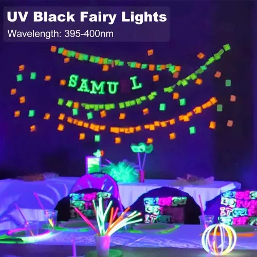 Miniatura 2 de Luces LED negras UV a pilas, paquete de 4 luces LED de 6.56 pies, 20 luces LED UV con cuentas flexibles de luz negra, luces de hadas moradas