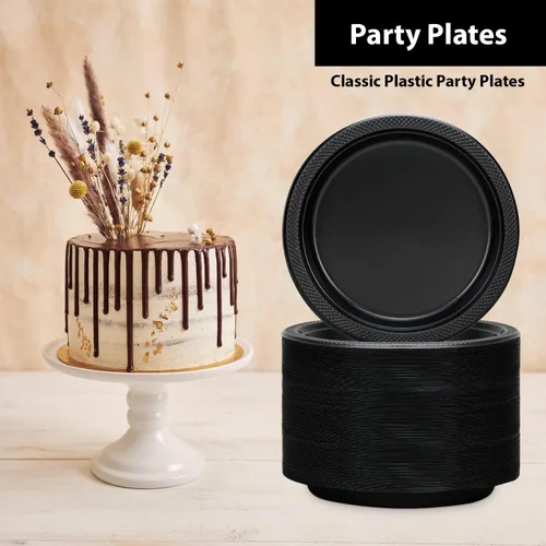 Miniatura 3 de Hanna K. Signature - Platos de plástico negro para fiesta, platos desechables de 7 pulgadas, 50 unidades, suministros de fiesta para aperitivos