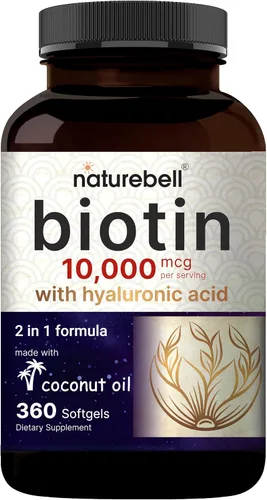 NatureBell Biotina 10000mcg + ácido hialurónico 25mg | 360 cápsulas blandas de aceite de coco, suplemento de biotina premium para cabello, piel y