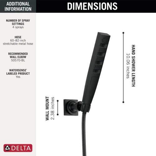 Miniatura 3 de Delta Faucet 5-Spray Touch-Clean H2Okinetic - Ducha de mano para montaje en pared con manguera, color negro mate 55140-BL