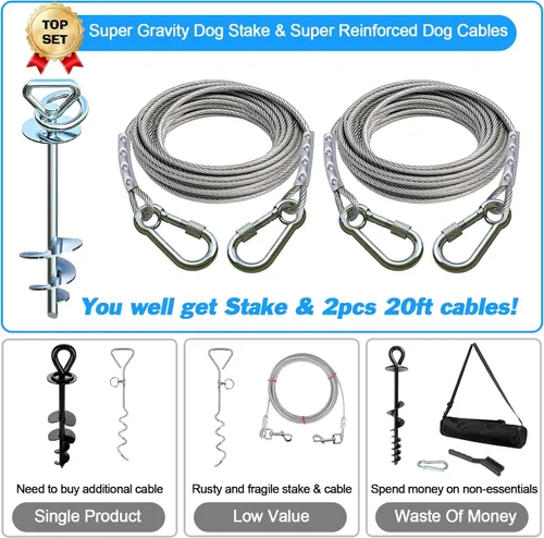 Miniatura 3 de Cable de amarre para perros y estaca para campamento, con cables resistentes de 2 x 20 pies (hasta 200 libras), anclaje giratorio de 360°