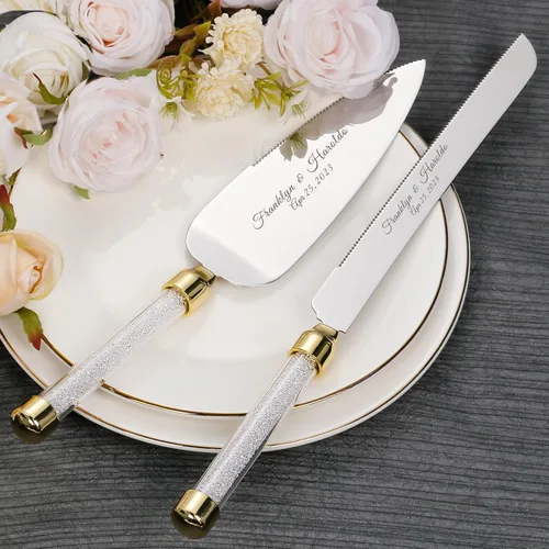 Juego de cuchillo y servidor personalizado para pastel de boda, juego de corte de pastel de cristal grabado, cortador de pastel plateado, cuchillo