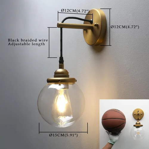 Miniatura 8 de Phansthy Aplique de pared de vidrio vintage, lámpara de pared de alambre colgante para interiores, lámpara de pared de globo de 5.9 pulgadas, cable