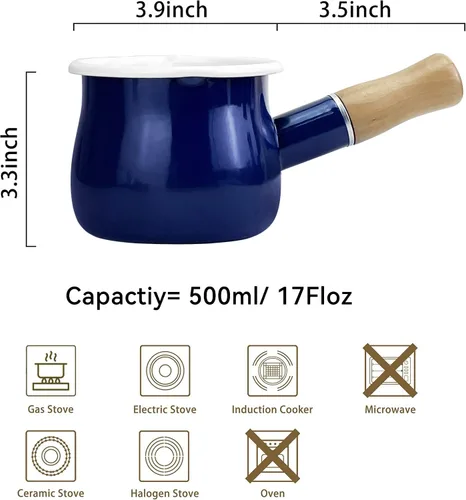 Miniatura 4 de Olla de leche esmaltada, olla pequeña para leche, calentador de mantequilla de 4 pulgadas, 17 onzas, sartén pequeña esmaltada con mango de madera