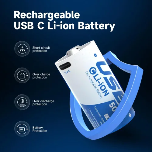 Miniatura 3 de Paquete de 4 baterías recargables de litio C, baterías de celda C/lr14 de 1.5 V con cable de carga USB-C, alta capacidad de 5000 mWh, batería