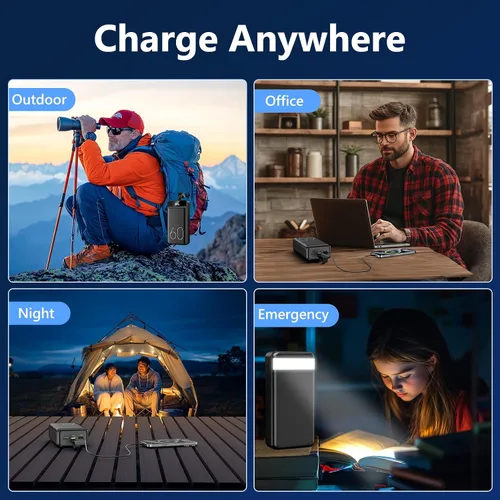 Miniatura 7 de LQHUE Power Bank 60000mAh 22.5W Cargador portátil de carga rápida con linterna, 4 salidas y 3 entradas pantalla LED, gran capacidad, batería externa